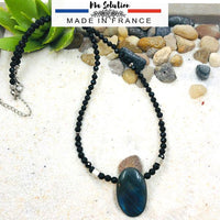 COLLIER PENDENTIF LABRADORITE ET OBSIDIENNE DOUBLE PROTECTION