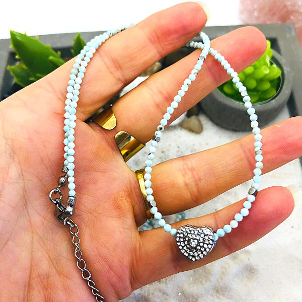 Collier Perles Larimar République Dominicaine - Chaîne Acier Inoxydable, Neuf Avec étiquettes