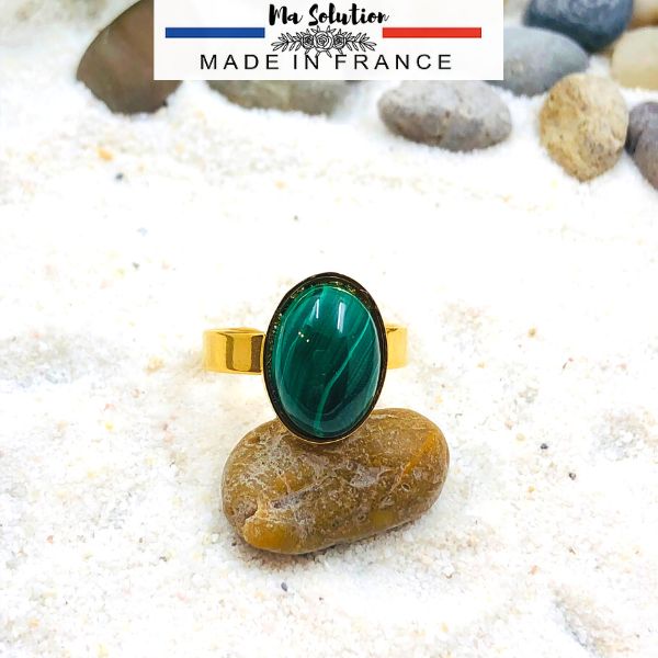 BAGUE REGLABLE MALACHITE acier inoxydable doré