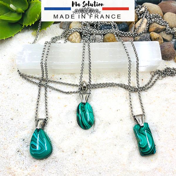 PENDENTIF MALACHITE acier argent