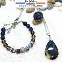 PARURE ARRET DU TABAC AGATE DE BOTSWANA/AMETHYSTE/QUARTZ FUME