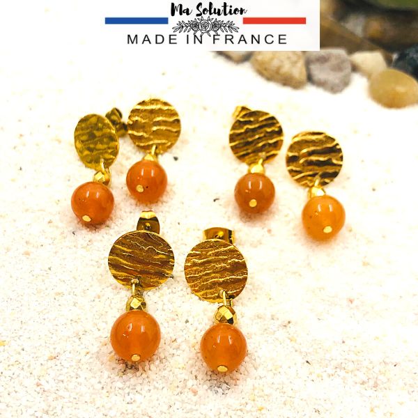 Boucles d'oreille aventurine orange acier doré
