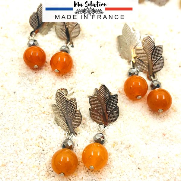 Boucles d'oreilles feuille en aventurine orange