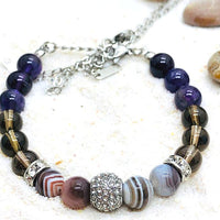 PARURE ARRET DU TABAC AGATE DE BOTSWANA/AMETHYSTE/QUARTZ FUME