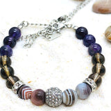 PARURE ARRET DU TABAC AGATE DE BOTSWANA/AMETHYSTE/QUARTZ FUME