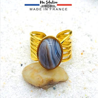 BAGUE REGLABLE AGATE DE BOTSWANA  Acier doré