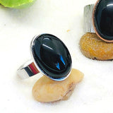 BAGUE REGLABLE OBSIDIENNE NOIRE ACIER INOX