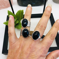 BAGUE REGLABLE OBSIDIENNE NOIRE ACIER INOX