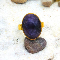 BAGUE REGLABLE PIERRE NATURELLE OVALE FACETTEE Acier doré
